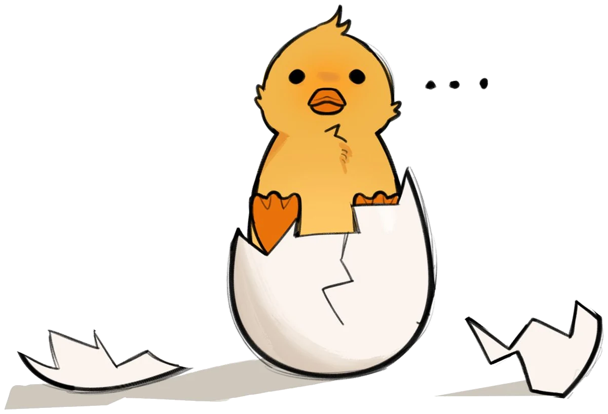 Baby Quanta hatching from an egg, looking curious